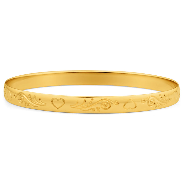 9ct Yellow SOLID Gold Engraved Heart Pattern Bangle