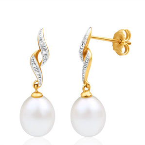 9ct Dazzling Yellow Gold Diamond + Pearl Drop Earrings