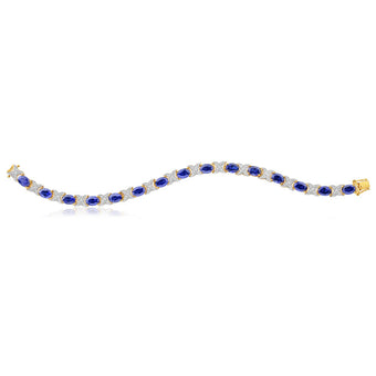 9ct Yellow Gold 7x5mm Oval Cut Created Sapphire and Diamond 19cm Crossover Bracelet