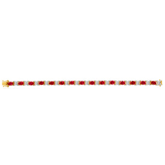 9ct Yellow Gold Created Ruby + Diamond 19CM Bracelet