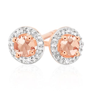 9ct Rose Gold 3mm Morganite and Diamond Halo Stud Earrings