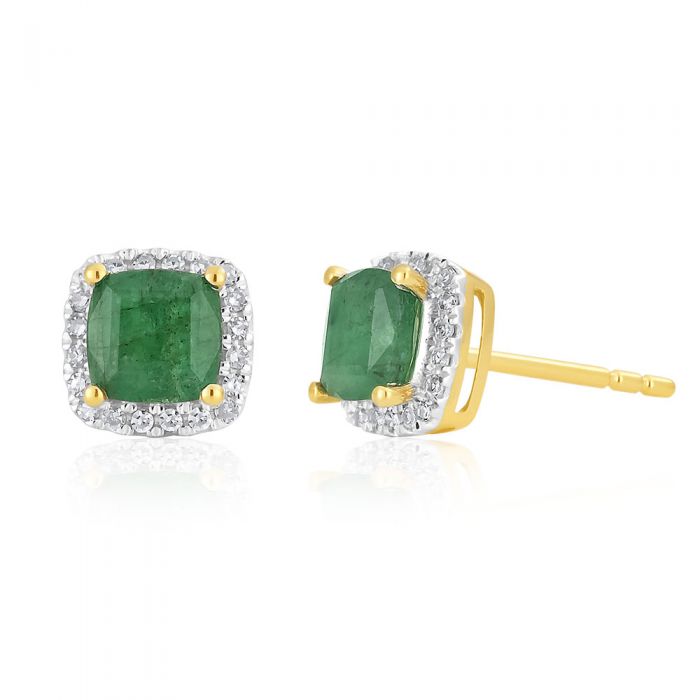 9ct Yellow Gold Natural Emerald 5mm Cushion Cut Diamond Halo Stud Earr ...