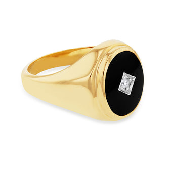 9ct Yellow Gold Black Onyx and Diamond Gents Ring