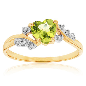 9ct Yellow Gold Peridot and Diamond Heart Ring