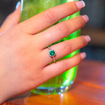 9ct Yellow Gold 6mm Created Emerald and Diamond Halo Ring