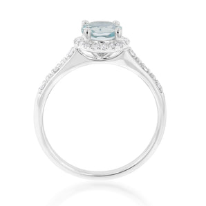 9ct White Gold 6mm Aquamarine and Diamond Halo Ring