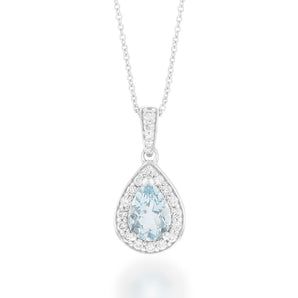 9ct White Gold 7x5mm 0.65ct Aquamarine and 0.15ct Diamond Pear Pendant on 45cm Chain