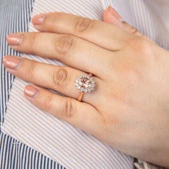 9ct Rose Gold 1.50ct Morganite and 0.50ct Diamond Halo Ring