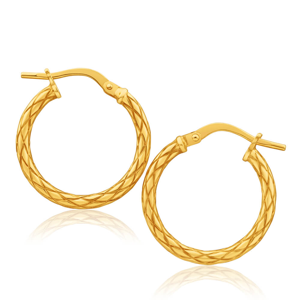 9ct Yellow Gold Silver Filled Patterned 15mm Hoop Earrings – Shiels ...