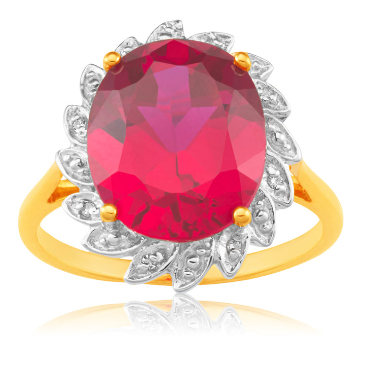 9ct Yellow Gold Created Ruby and Diamond Ring