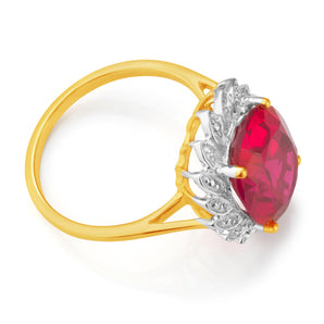 9ct Yellow Gold Created Ruby and Diamond Ring