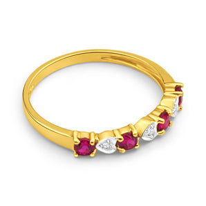 9ct Yellow Gold 4 Created Ruby + 3 Diamond Ring