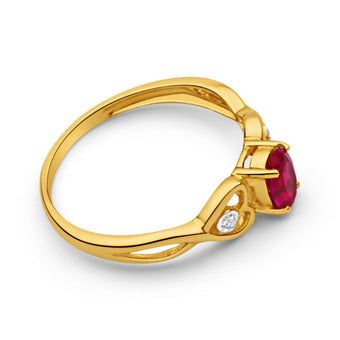 9ct Yellow Gold Oval Created Ruby + 2 Diamond Ring