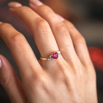 9ct Yellow Gold Heart Created Ruby + Diamond Ring