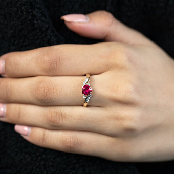 9ct Yellow Gold Heart Created Ruby + Diamond Ring