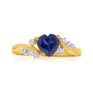 9ct Yellow Gold Created Sapphire Heart + Diamond Ring