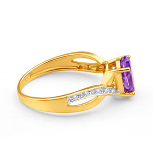 9ct Yellow Gold Amethyst + Diamond Cross Over Ring