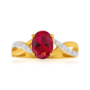 9ct Yellow Gold Created Ruby and Diamond Cross Over Ring