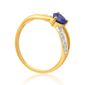 9ct Charming Yellow Gold Created Sapphire + Diamond Ring