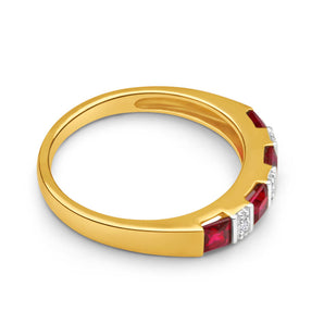 9ct Yellow Gold 4 Created Ruby + Diamond Ring