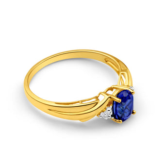 9ct Gorgeous Yellow Gold Created Sapphire + Diamond Ring