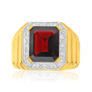 9ct Yellow Gold 12x10mm Emerald Cut Garnet and Diamond Halo Gents Ring