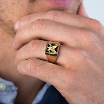 9ct Yellow Gold Eagle Gents Ring with Onyx and Diamond