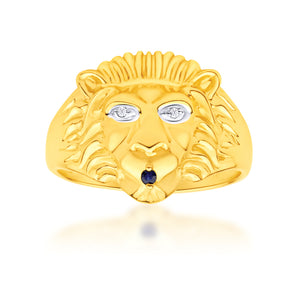 9ct Yellow Gold Lion Head Diamond and Sapphire Gents Ring