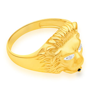 9ct Yellow Gold Lion Head Diamond and Sapphire Gents Ring