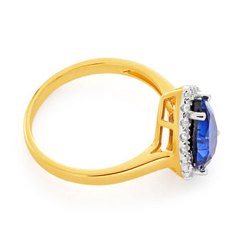 9ct Yellow Gold Pear Shaped Created Sapphire and Cubic Zirconia Halo Ring