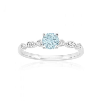 9ct White Gold 5mm Round Cut 0.45ct Aquamarine and Diamond Ring