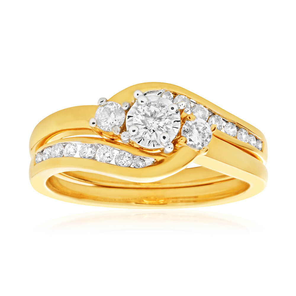 9ct Yellow Gold 2 Ring Bridal Set With 19 Diamonds Totalling 1/2 Carat ...