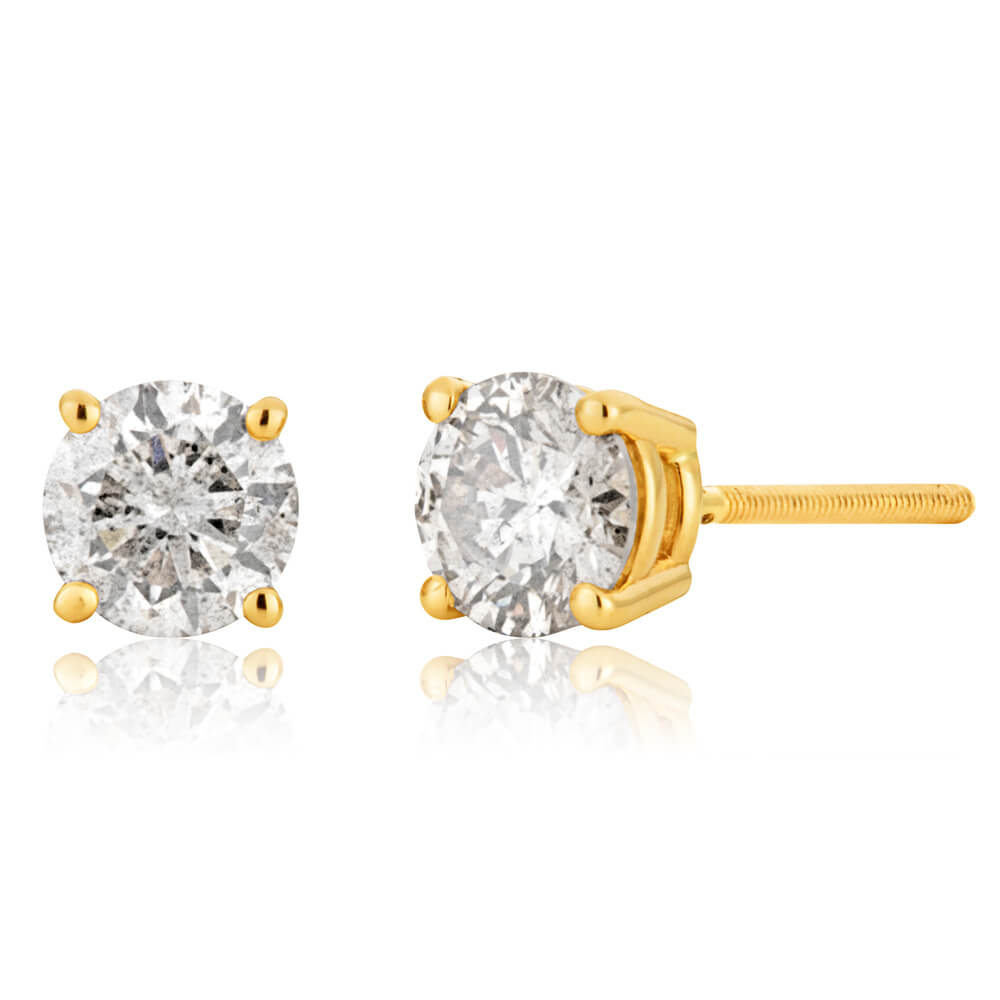 14ct Yellow Gold Diamond Stud Earrings with Appoximately 1 Carat of Di ...