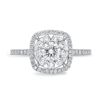 Memoire 18ct White Gold 0.60 Carat Diamond Bouquet Cushion Halo Solitaire Ring