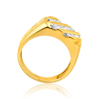 9ct Yellow Gold Diagonal Row Channel Set Cubic Zirconia Gents Ring