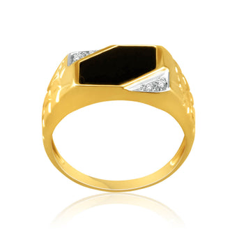 9ct Yellow Gold Plain Onyx and Diamond Patterned Side Gents Ring