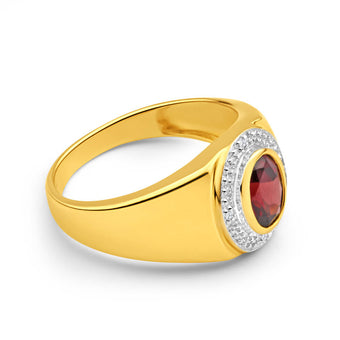 9ct Yellow Gold Garnet and Diamond Gents Ring