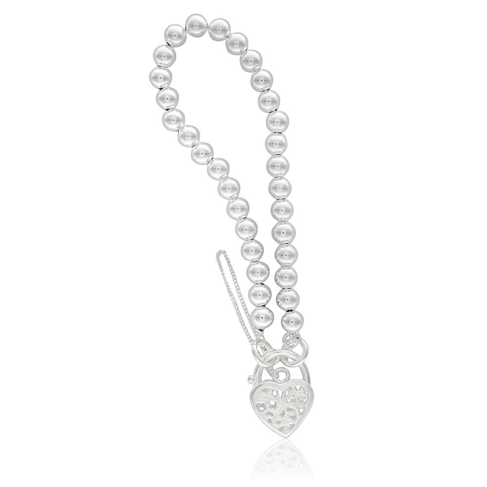 Sterling Silver Ball Link Padlock Bracelet with Filigree Heart – Shiels ...