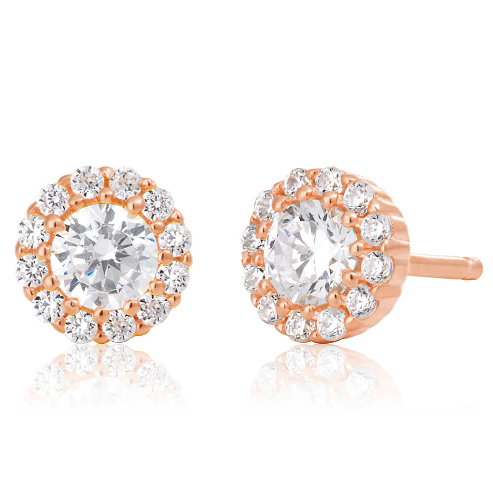75 Carat (each) Brilliant CZ Round Stud Earrings in Rose Gold Overlay