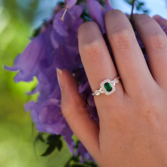 Sterling Silver Created Emerald and Zirconia Ring