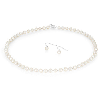 Sterling Silver White Freshwater Pearl Chain & Earring Boxed Set