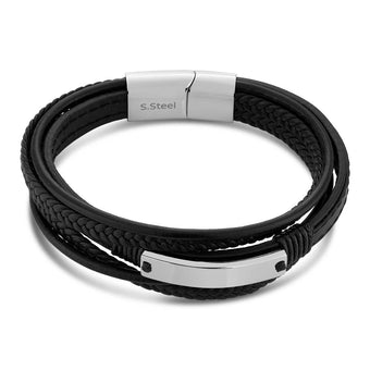 Stainless Steel and Leather Gents Magnetic Black Leather Bracelet with I.D. Plate